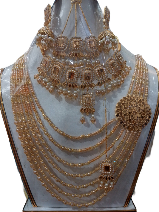 Gold-Toned Kundan and Pearl Bridal Necklace Set