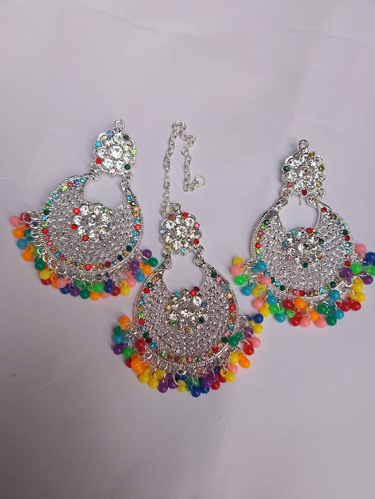 Colorful Beaded Jhumka Earrings With Bindiya