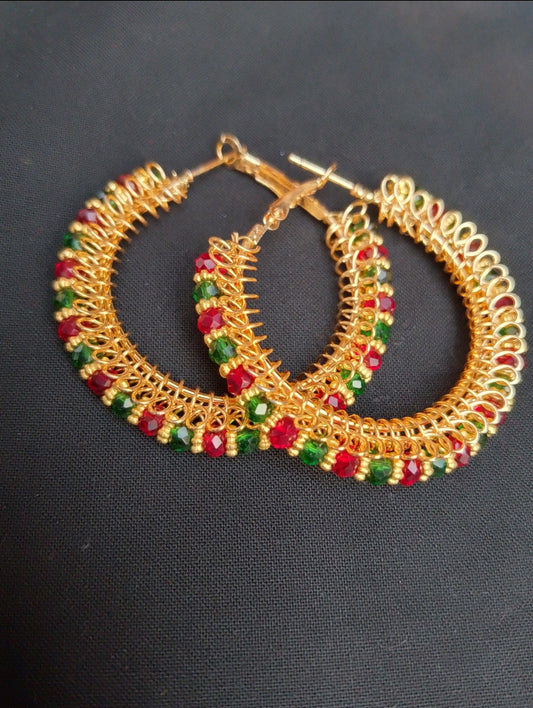 Red and Green Beaded Hoop Golden Earrings