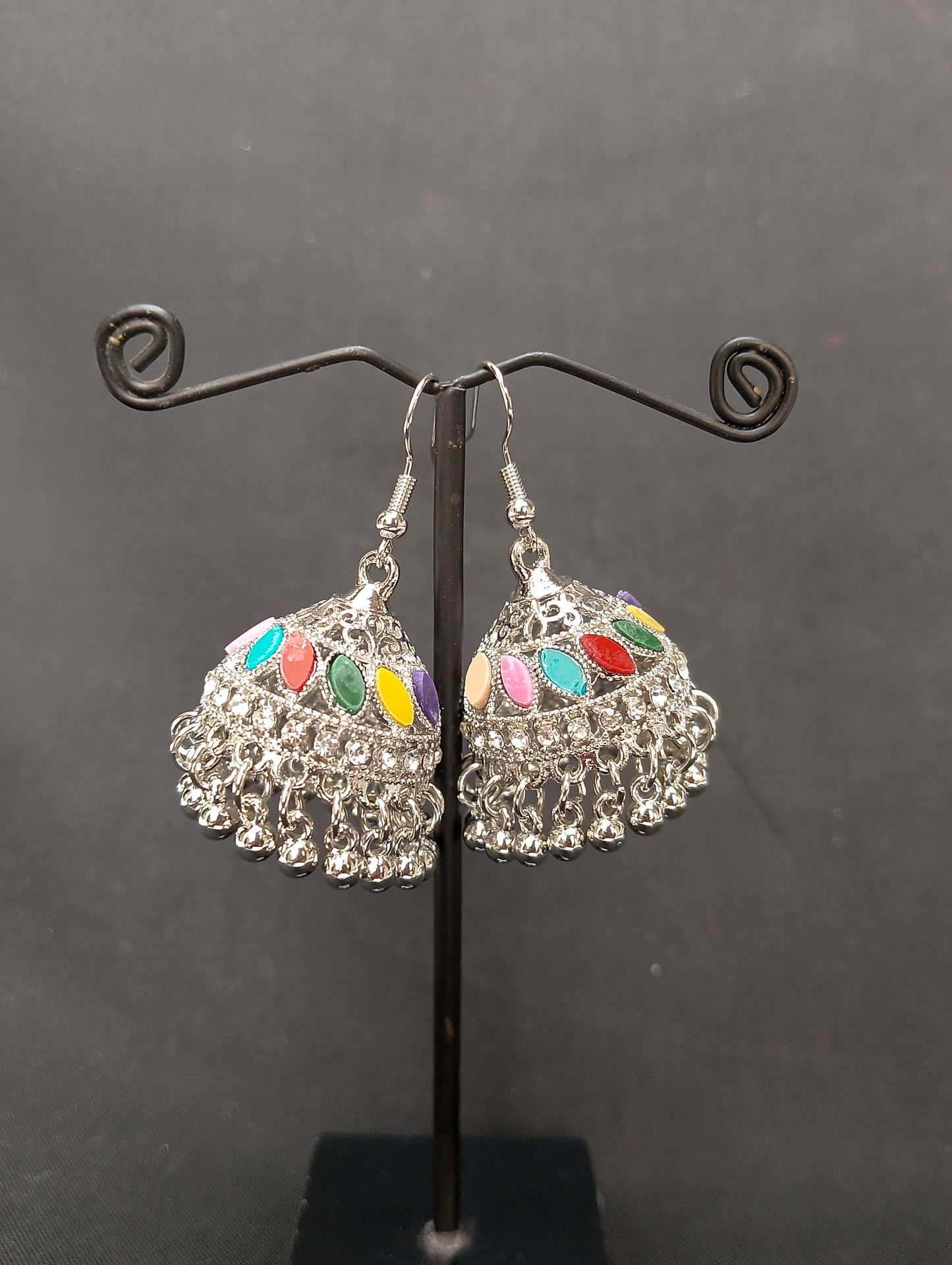 Silver-Toned Jhumka Earrings with Mirror Work