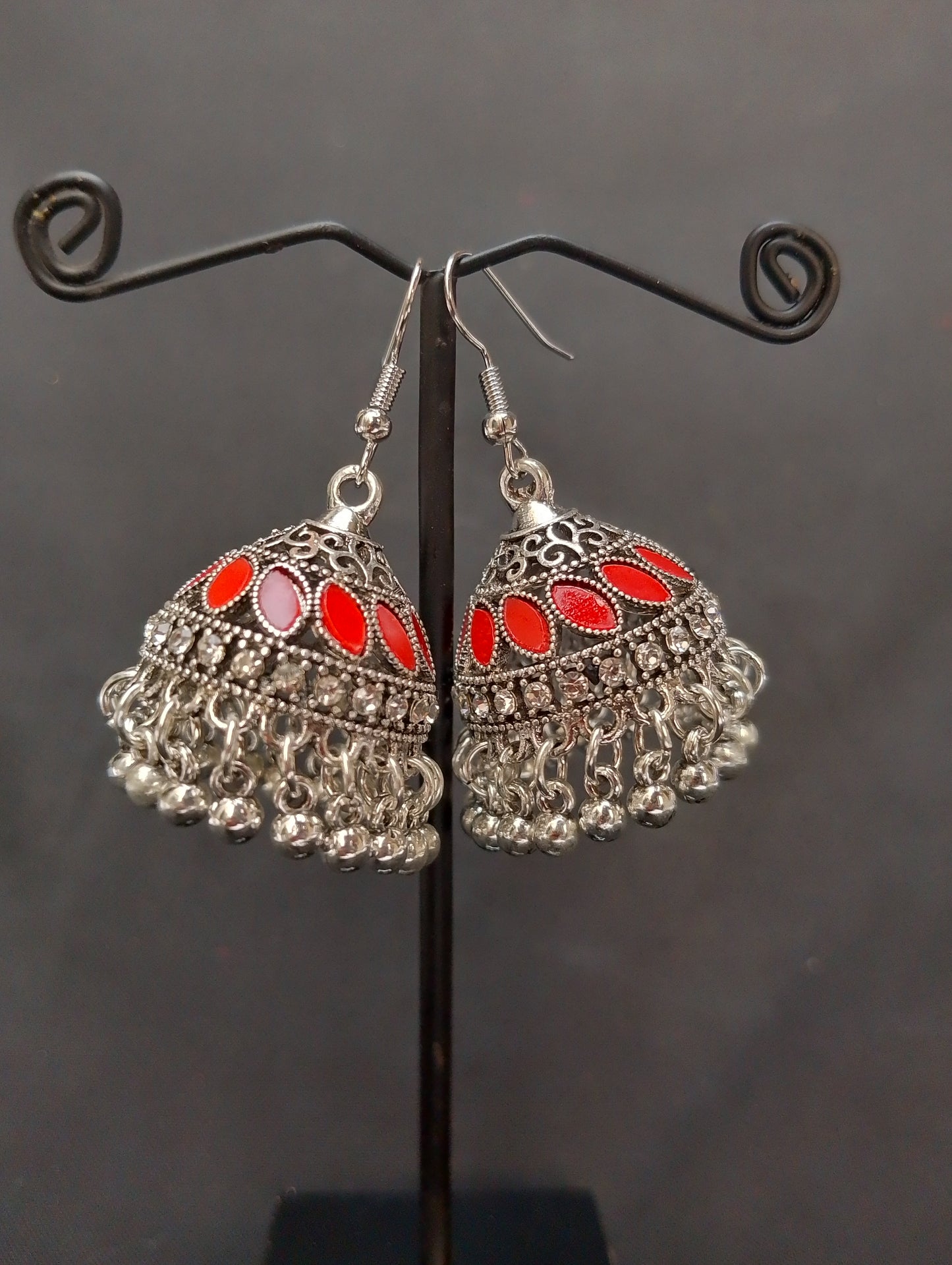 Silver-Toned Jhumka Earrings with Mirror Work