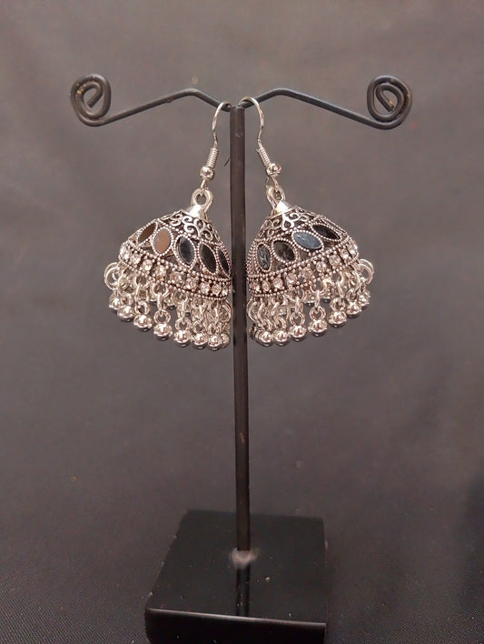 Silver-Toned Jhumka Earrings with Mirror Work