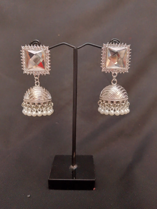 Square Stone and Pearl Jhumka Earrings