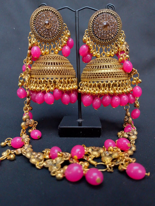 Gold and Pink Jhumka Earrings with Dangler Chain